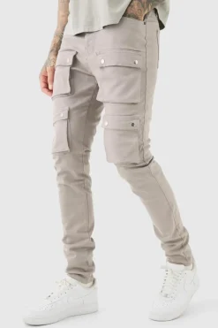 Shop boohooMAN Tall Fixed Waist Skinny Multi Cargo Pocket Trouser dark grey