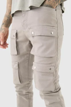 Shop boohooMAN Tall Fixed Waist Skinny Multi Cargo Pocket Trouser dark grey