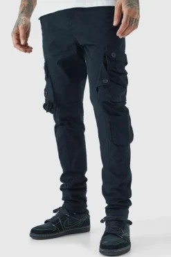 Shop boohooMAN Tall Fixed Waist Skinny Stretch Twill Cargo Trouser black