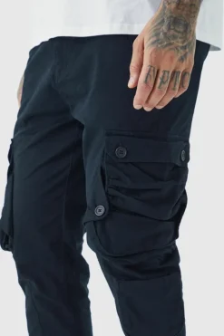 Shop boohooMAN Tall Fixed Waist Skinny Stretch Twill Cargo Trouser black