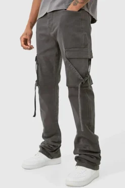 Flash Sale boohooMAN Tall Fixed Waist Slim Stacked Flare Strap Cargo Trouser charcoal