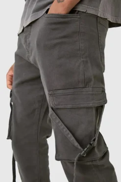 Flash Sale boohooMAN Tall Fixed Waist Slim Stacked Flare Strap Cargo Trouser charcoal