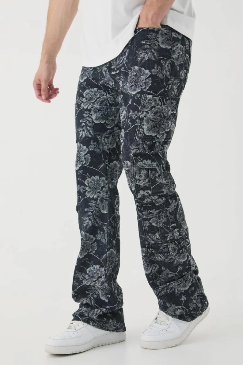 Cheap boohooMAN Tall Floral Jacquard Multi Cargo Flared Jeans black