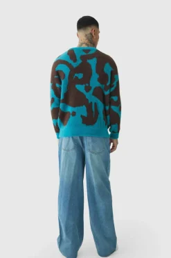 Outlet boohooMAN Tall Fluffy Knit Abstract Sweatshirt teal