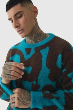 Outlet boohooMAN Tall Fluffy Knit Abstract Sweatshirt teal