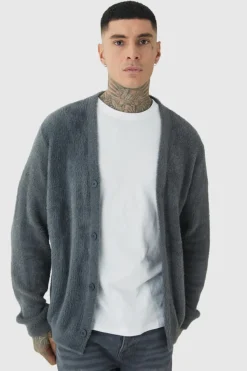 Cheap boohooMAN Tall Fluffy Knit Boxy Oversized Cardigan charcoal