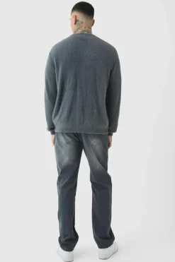 Cheap boohooMAN Tall Fluffy Knit Boxy Oversized Cardigan charcoal