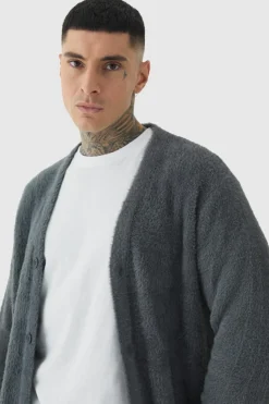 Cheap boohooMAN Tall Fluffy Knit Boxy Oversized Cardigan charcoal