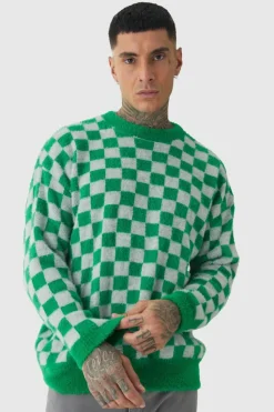 Online boohooMAN Tall Fluffy Knit Checkered Sweatshirt green