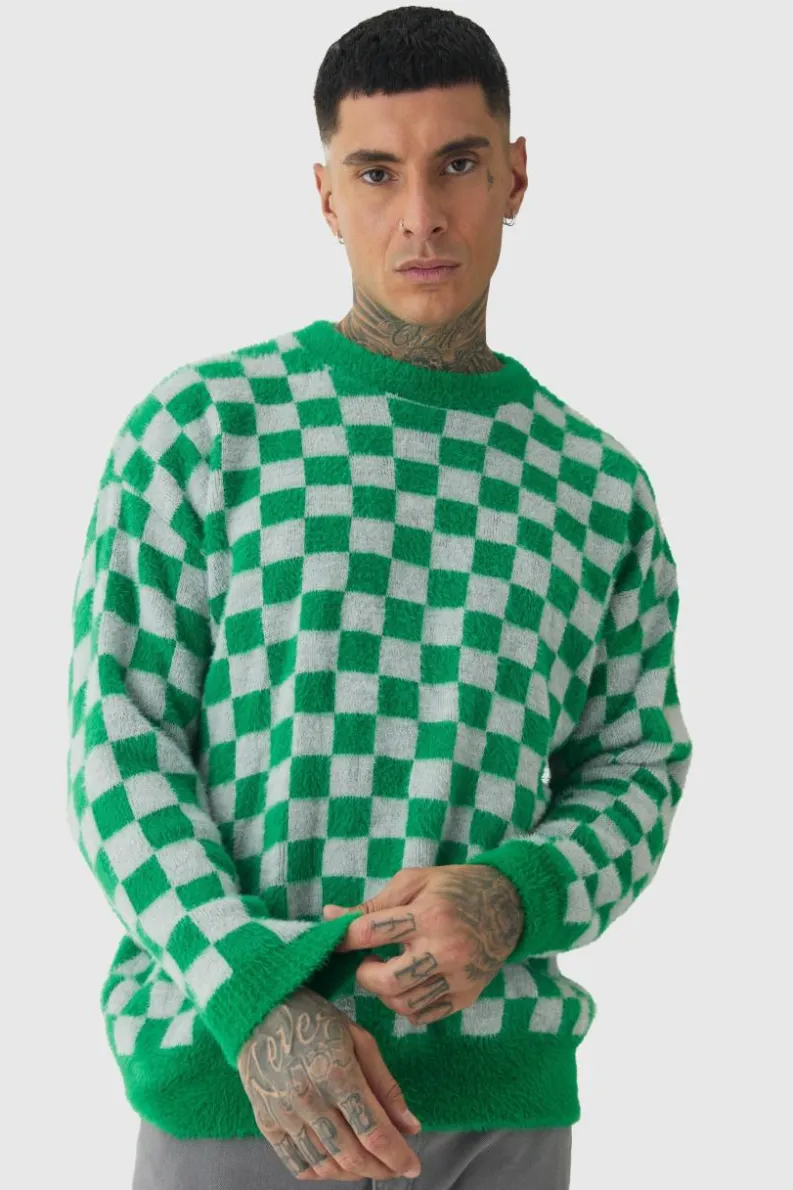 Online boohooMAN Tall Fluffy Knit Checkered Sweatshirt green