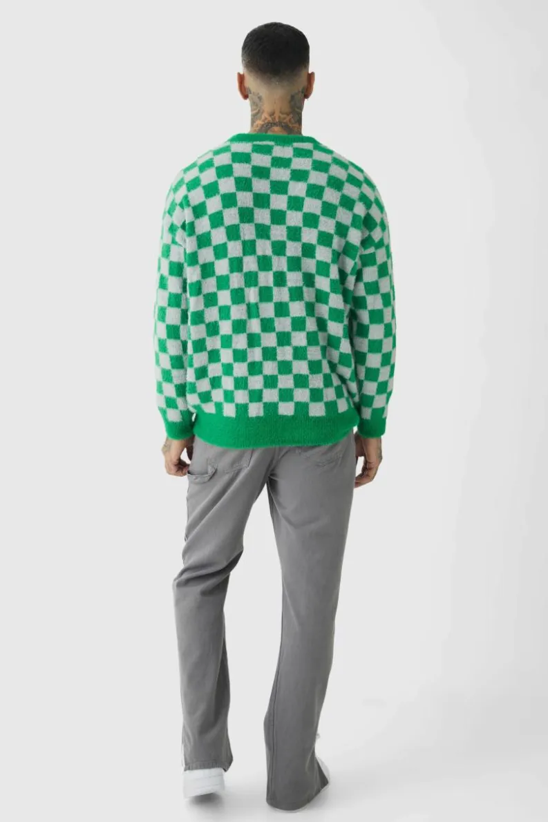 Online boohooMAN Tall Fluffy Knit Checkered Sweatshirt green