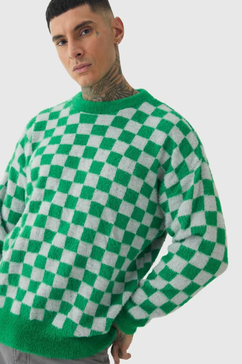 Online boohooMAN Tall Fluffy Knit Checkered Sweatshirt green
