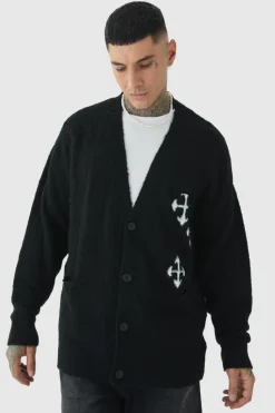 Cheap boohooMAN Tall Fluffy Knit Gothic Cross Applique Cardigan black
