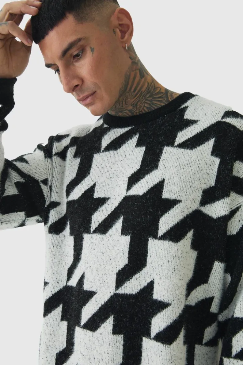 Discount boohooMAN Tall Fluffy Knit Houndstooth Sweatshirt black