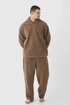 New boohooMAN Tall Fluffy V Neck Sweatshirt & Jogger Lounge Set In brown