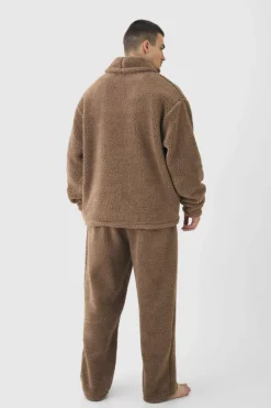 New boohooMAN Tall Fluffy V Neck Sweatshirt & Jogger Lounge Set In brown
