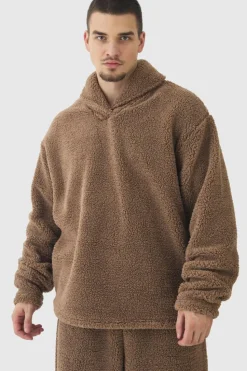 New boohooMAN Tall Fluffy V Neck Sweatshirt & Jogger Lounge Set In brown