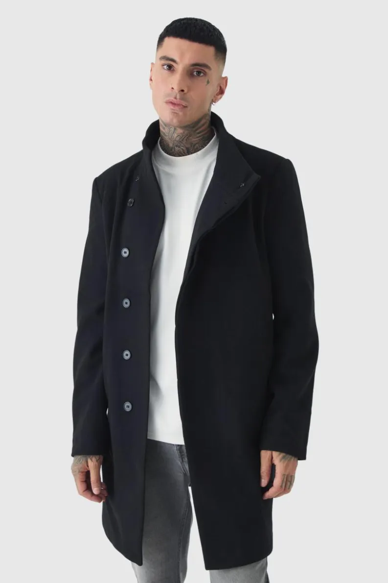 Clearance boohooMAN Tall Funnel Neck Wool Look Overcoat in black