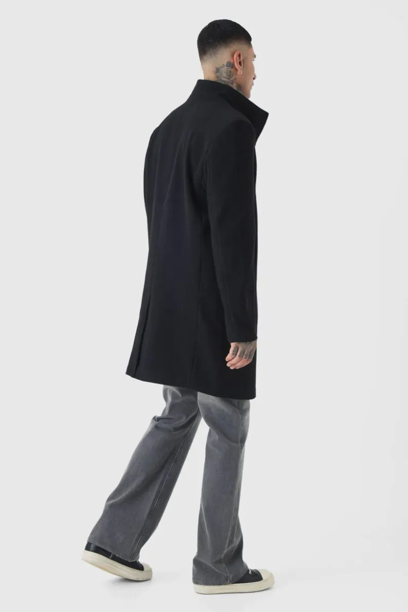 Clearance boohooMAN Tall Funnel Neck Wool Look Overcoat in black