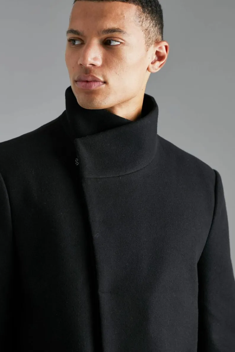 Clearance boohooMAN Tall Funnel Neck Wool Look Overcoat in black