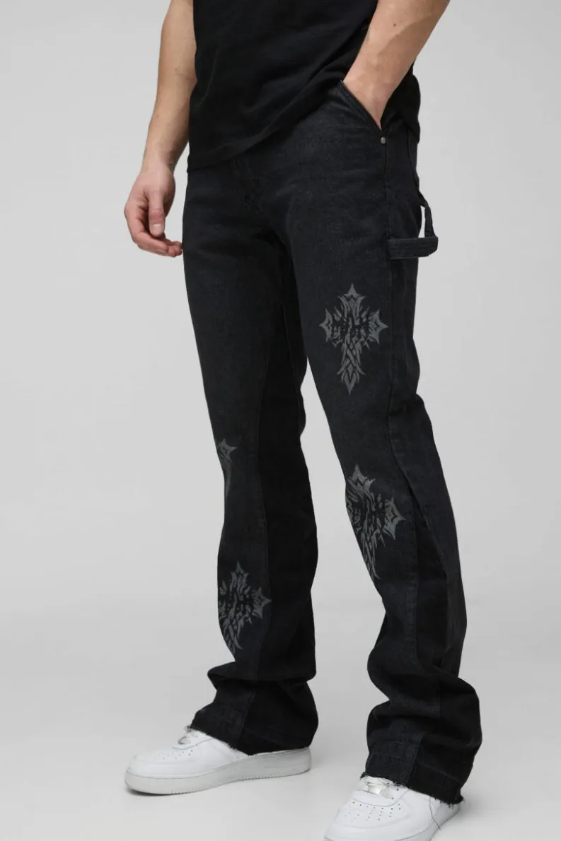 Clearance boohooMAN Tall Gothic Cross Gusset Flared Jeans washed black