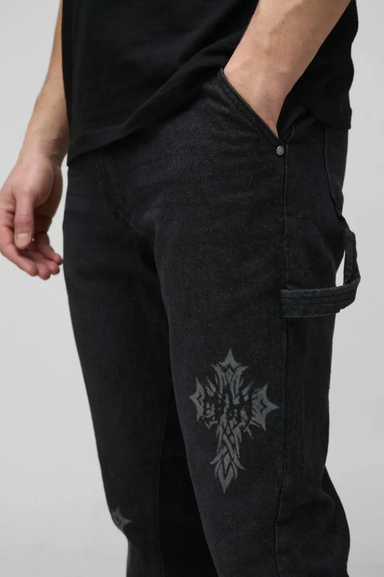 Clearance boohooMAN Tall Gothic Cross Gusset Flared Jeans washed black