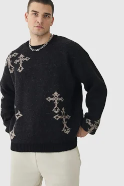 Shop boohooMAN Tall Gothic Cross Oversized Fluffy Knitted Sweat black