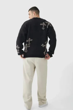 Shop boohooMAN Tall Gothic Cross Oversized Fluffy Knitted Sweat black