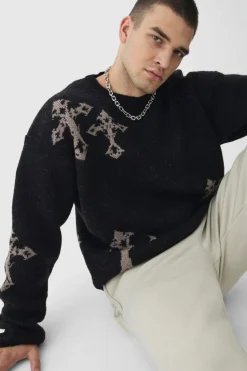Shop boohooMAN Tall Gothic Cross Oversized Fluffy Knitted Sweat black
