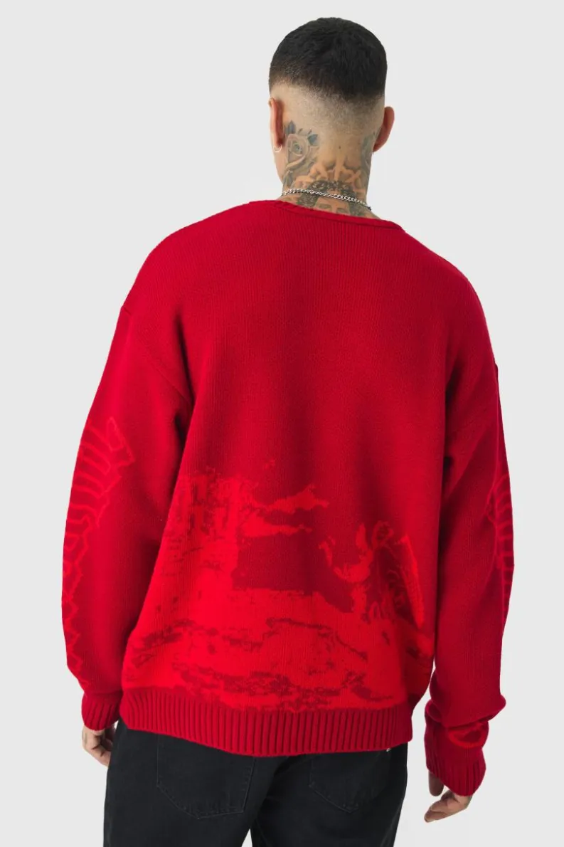 Hot boohooMAN Tall Gothic Cross Oversized Knitted Sweat red