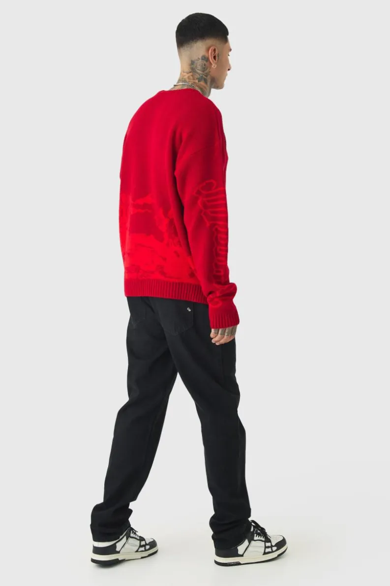 Hot boohooMAN Tall Gothic Cross Oversized Knitted Sweat red