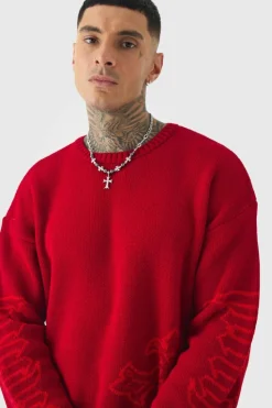 Hot boohooMAN Tall Gothic Cross Oversized Knitted Sweat red