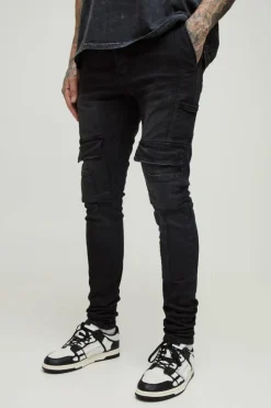 New boohooMAN Tall Heavyweight Skinny Fit Cargo Trousers charcoal