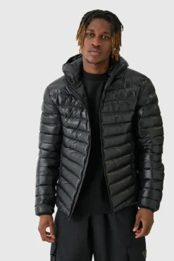 Best boohooMAN Tall High Shine Hooded Puffer Jacket In black