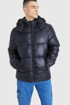 New boohooMAN Tall Hooded High Shine Puffer Jacket in black