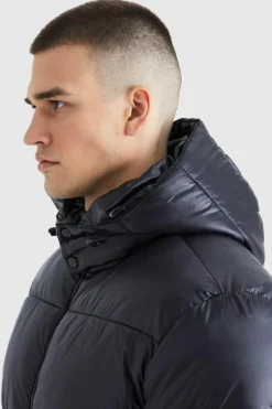 New boohooMAN Tall Hooded High Shine Puffer Jacket in black