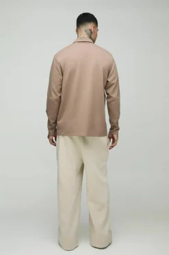 Fashion boohooMAN Tall Interlock Smart Rugby Polo taupe