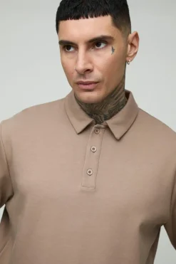 Fashion boohooMAN Tall Interlock Smart Rugby Polo taupe