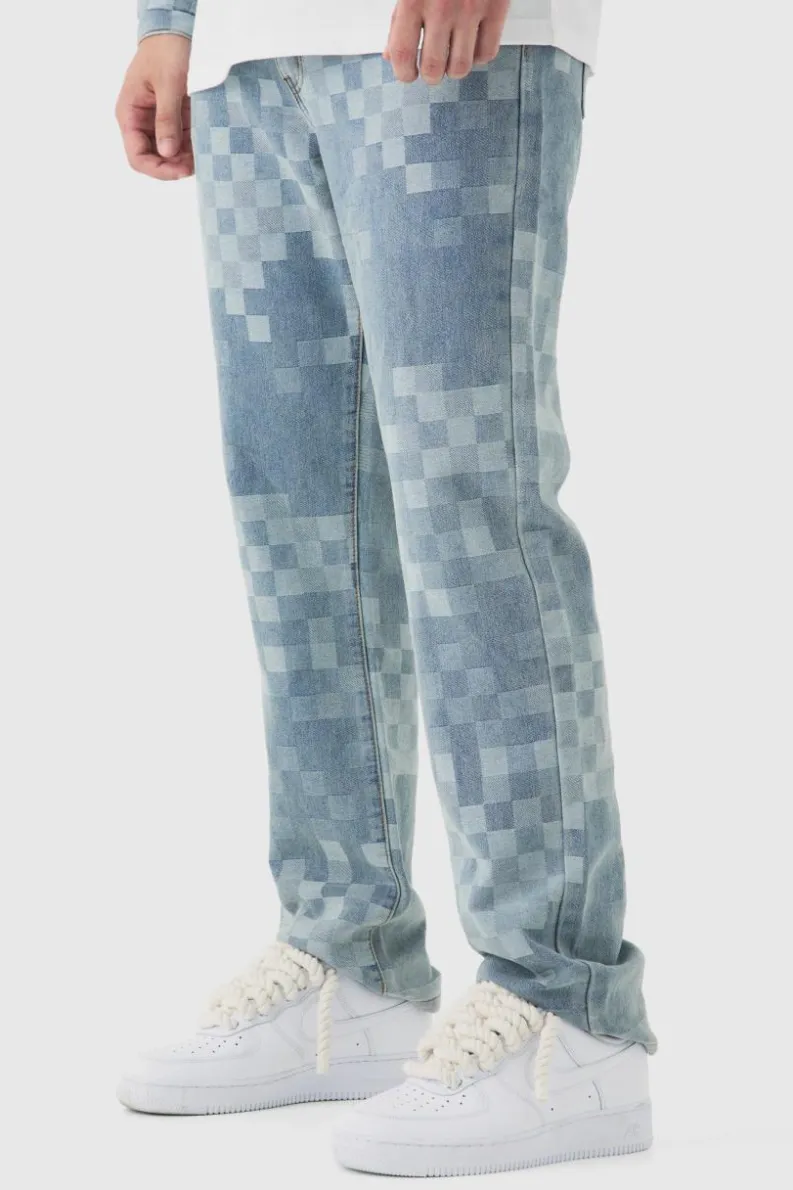 Flash Sale boohooMAN Tall Jacquard Check Relaxed Fit Jeans dark blue