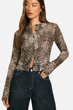 Fashion boohoo Tall Leopard High Neck Cardigan natural