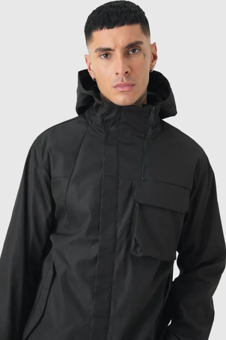 Discount boohooMAN Tall Lightweight Hooded Parka Jacket In black