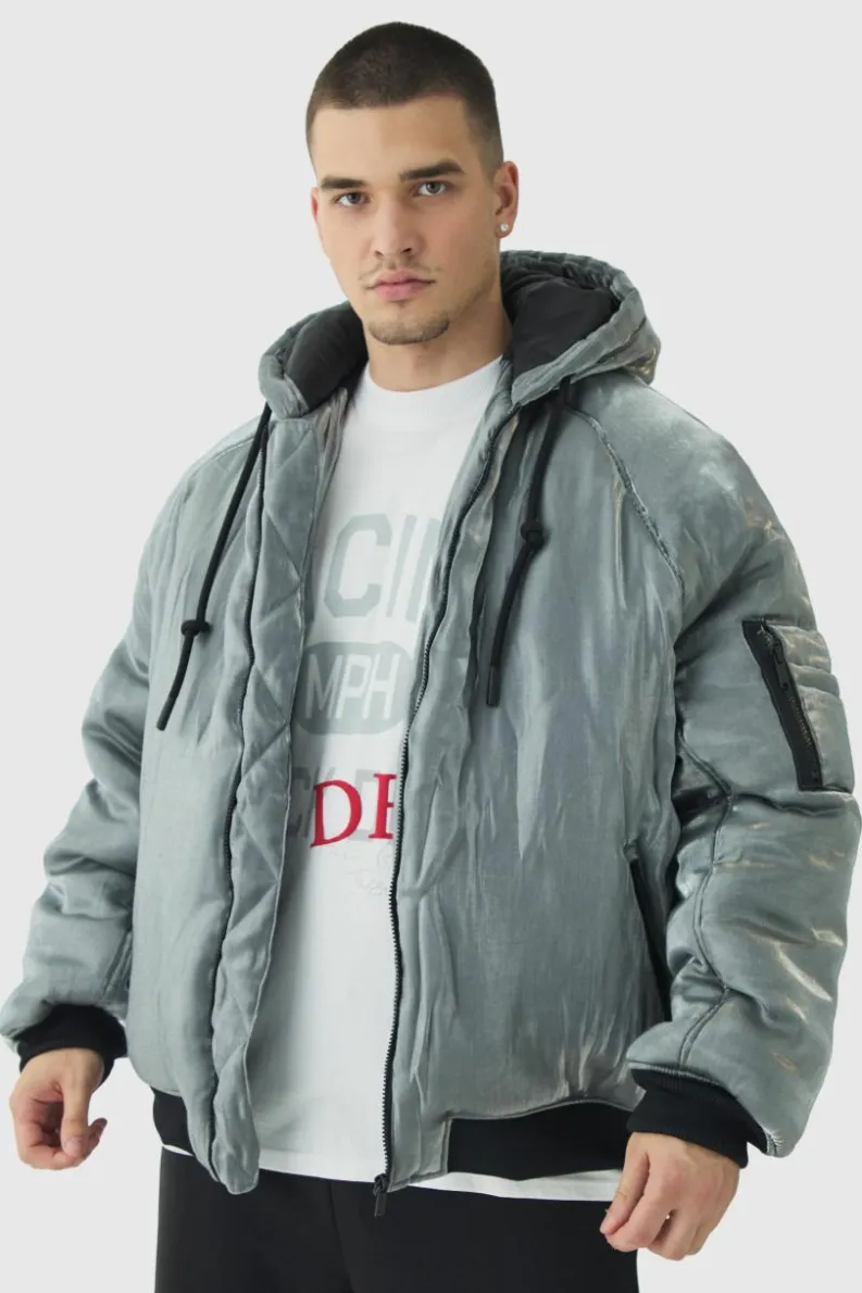 Outlet boohooMAN Tall Liquid Metallic Hooded Padded Bomber Jacket silver
