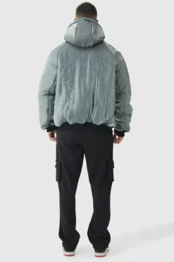 Outlet boohooMAN Tall Liquid Metallic Hooded Padded Bomber Jacket silver