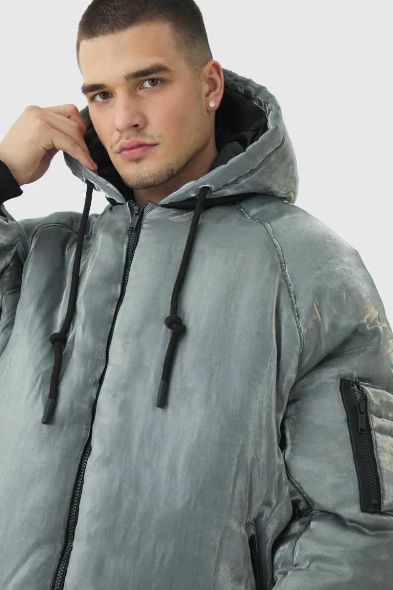 Outlet boohooMAN Tall Liquid Metallic Hooded Padded Bomber Jacket silver