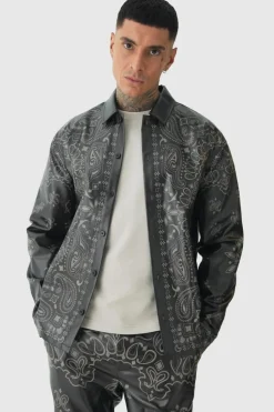 Cheap boohooMAN Tall Long Sleeve PU Bandana Print Shirt black