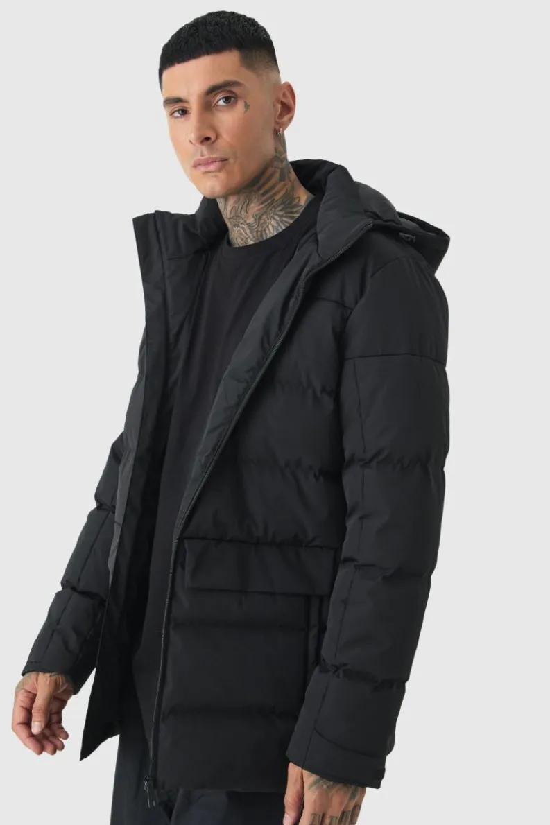 Clearance boohooMAN Tall Mid Length Hooded Puffer Jacket In black