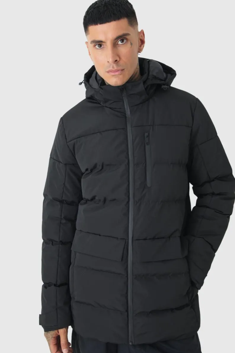 Clearance boohooMAN Tall Mid Length Hooded Puffer Jacket In black