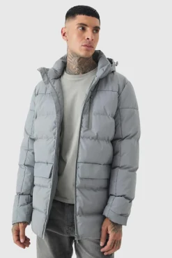Best boohooMAN Tall Mid Length Hooded Puffer Jacket In grey
