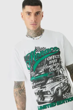 Hot boohooMAN Tall Monaco Moto Print T-shirt white