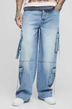 Fashion boohooMAN Tall Multi Pocket Baggy Cargo Jeans light wash
